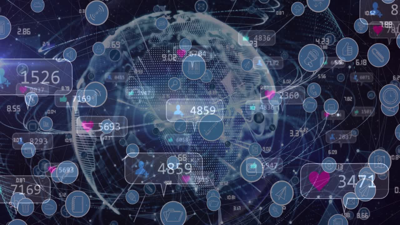 Animation of data processing and network of connections with icons on black background