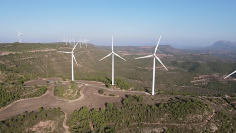 drone shot of a wind farm for eolic energy production in catalonia, spain