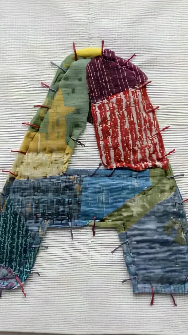 Vertical video: Displaying patchwork letter A centered on white textile with red pins on edges