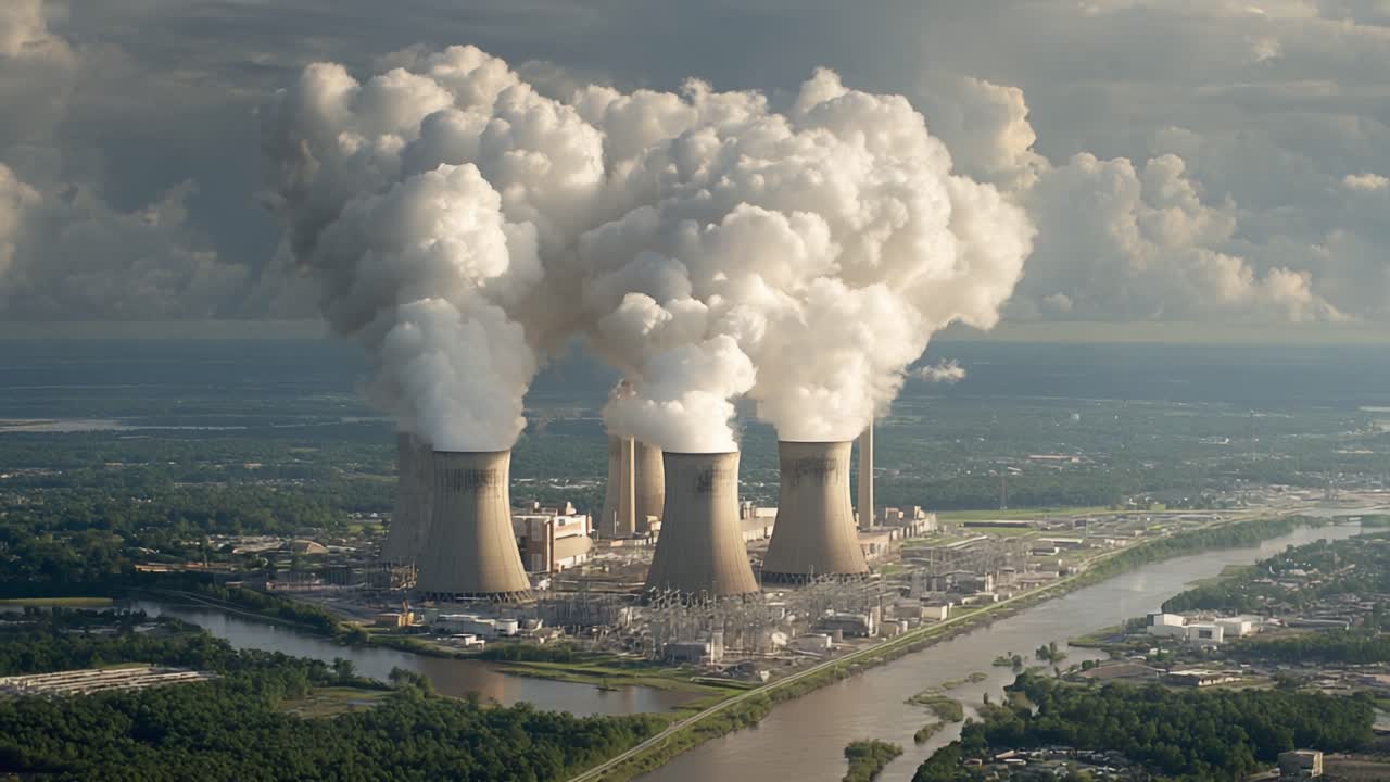 Aerial View of Power Plant with Cooling Towers Emitting Steam Under Cloudy Sky