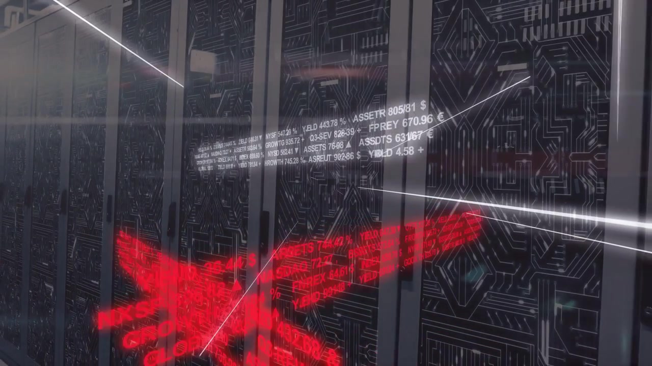 Tech racks centering reacting to white ticker popping, firing red arrows and lasers mapping traffic