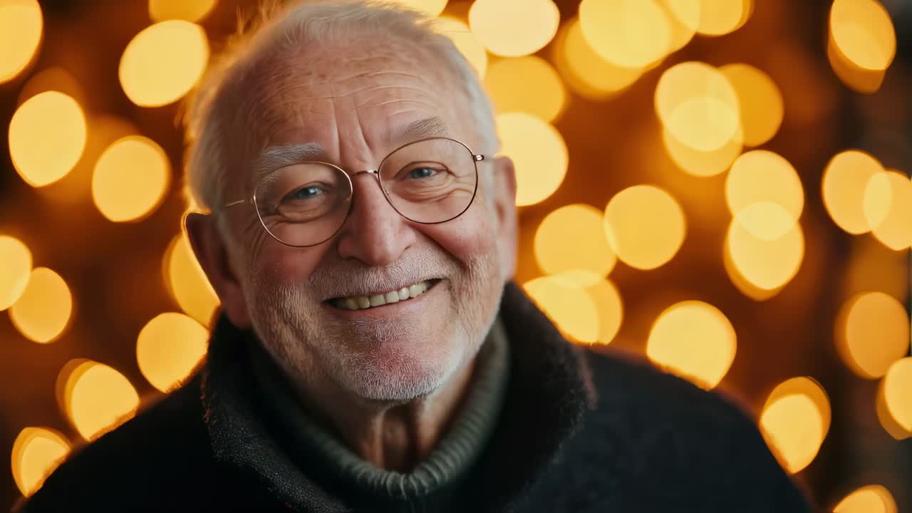 Elderly gentleman smiling warmly, gently adjusting eyeglasses with soft golden bokeh lights creating cheerful festive background evoking feelings of comfort and holiday joy