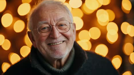 elderly gentleman smiling warmly, gently adjusting eyeglasses with soft golden bokeh lights creating cheerful festive background evoking feelings of comfort and holiday joy