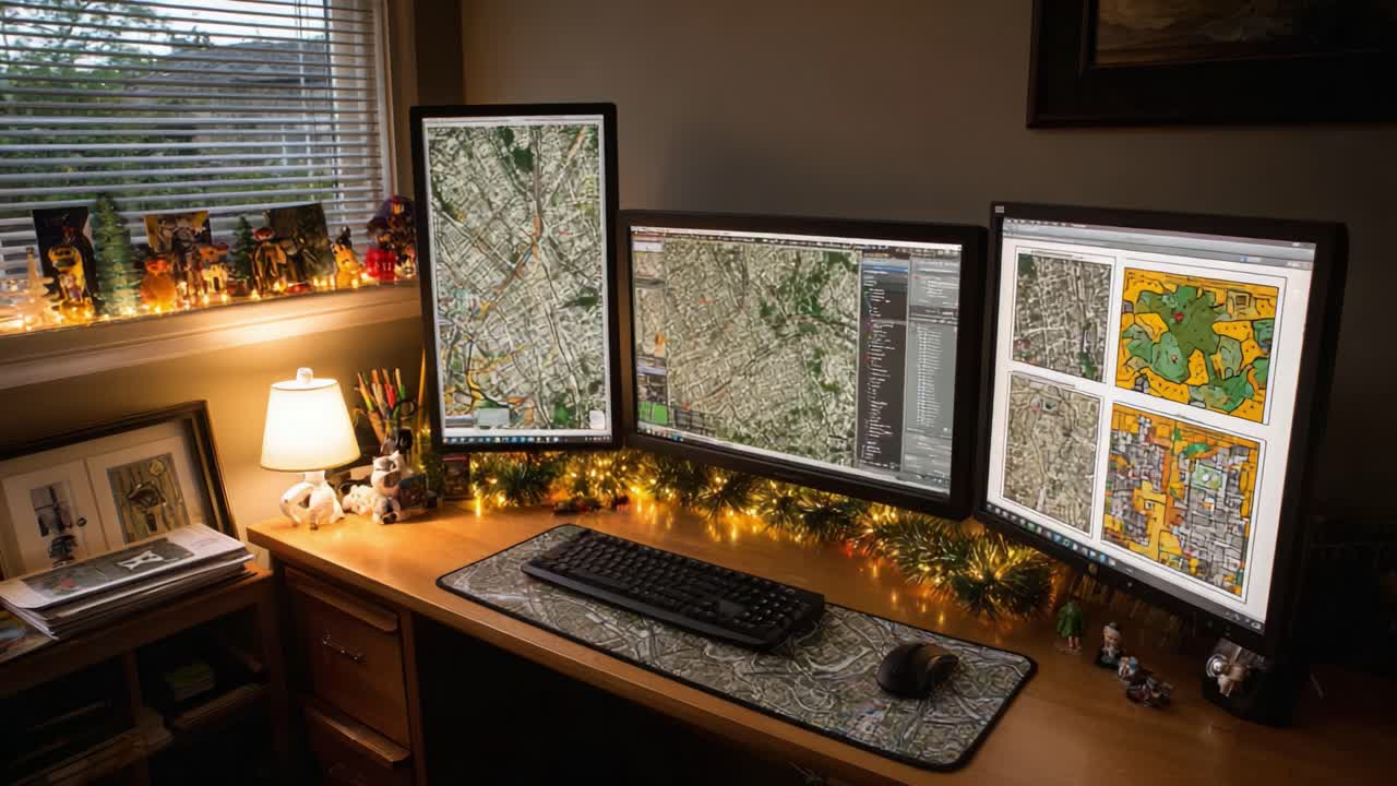 A Modern Home Office Setup Featuring Three Monitors Displaying Detailed Maps and Data Visualizations in a Cozy Atmosphere with Decorative Lighting