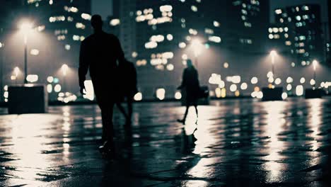 people walking at night in a city