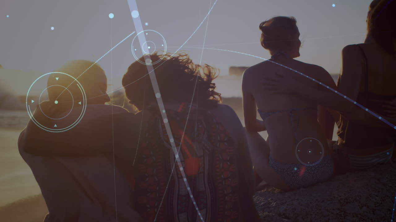 해가 지는 동안 해변에서 즐거움을 느끼는 다양한 여성들의 연결의 애니메이션