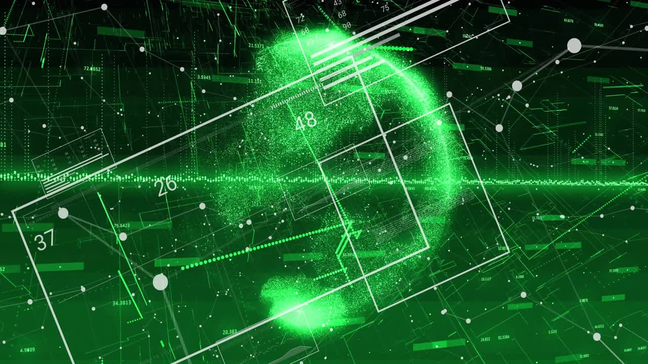 Waveform pulsing HUD sliding diagonal keyboard moving globe turning labels changing showing data