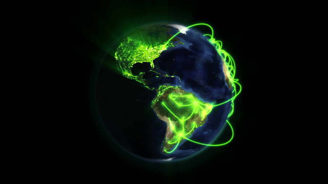tierra sombreada y iluminada con conexiones verdes en movimiento con imagen de la tierra cortesía de nasa.org