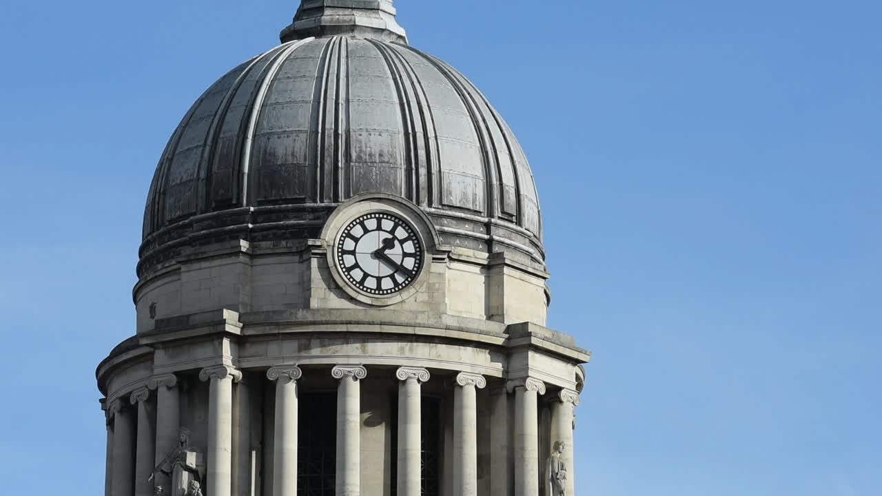 Close-up view of the historic Council House Clock, a landmark in Old Market Square at the heart of Nottingham city centre, England, highlighting its architectural details