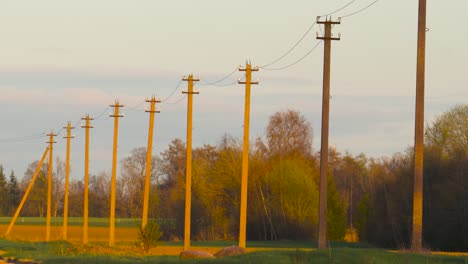 Toma-Estática-De-Una-Antigua-Línea-Eléctrica-Rural-Con-Postes-De-Hormigón,-Letonia.