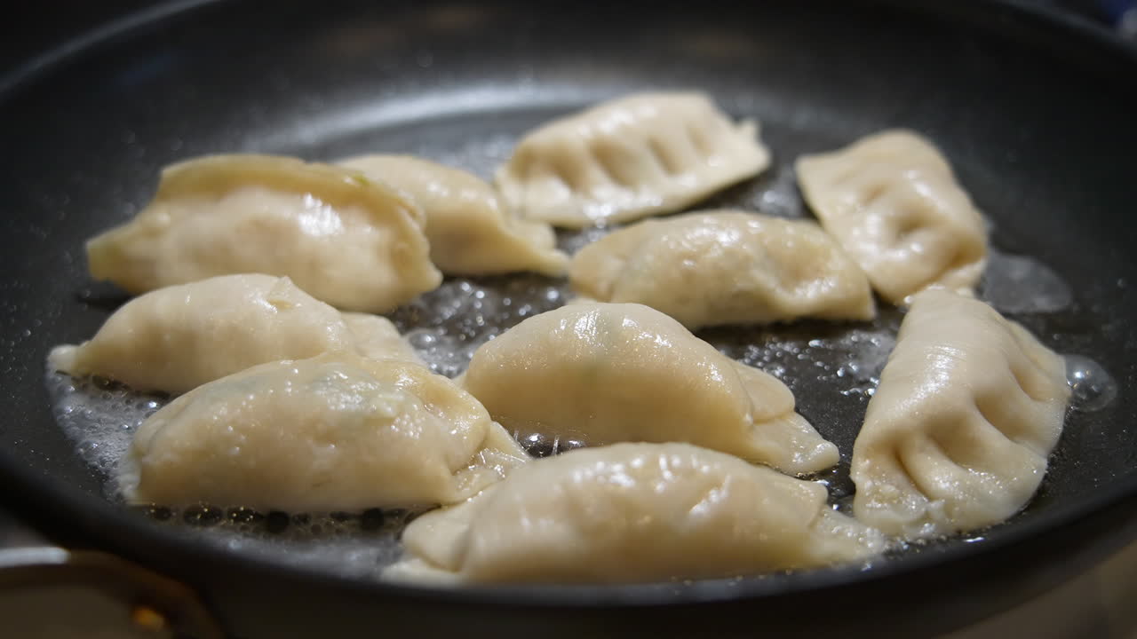 Steaming and frying Japanese gyoza dumplings in a pan