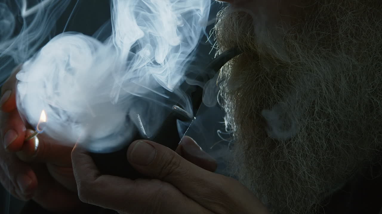 Extreme close up: Backlit bearded man lights, smokes pipe in darkness