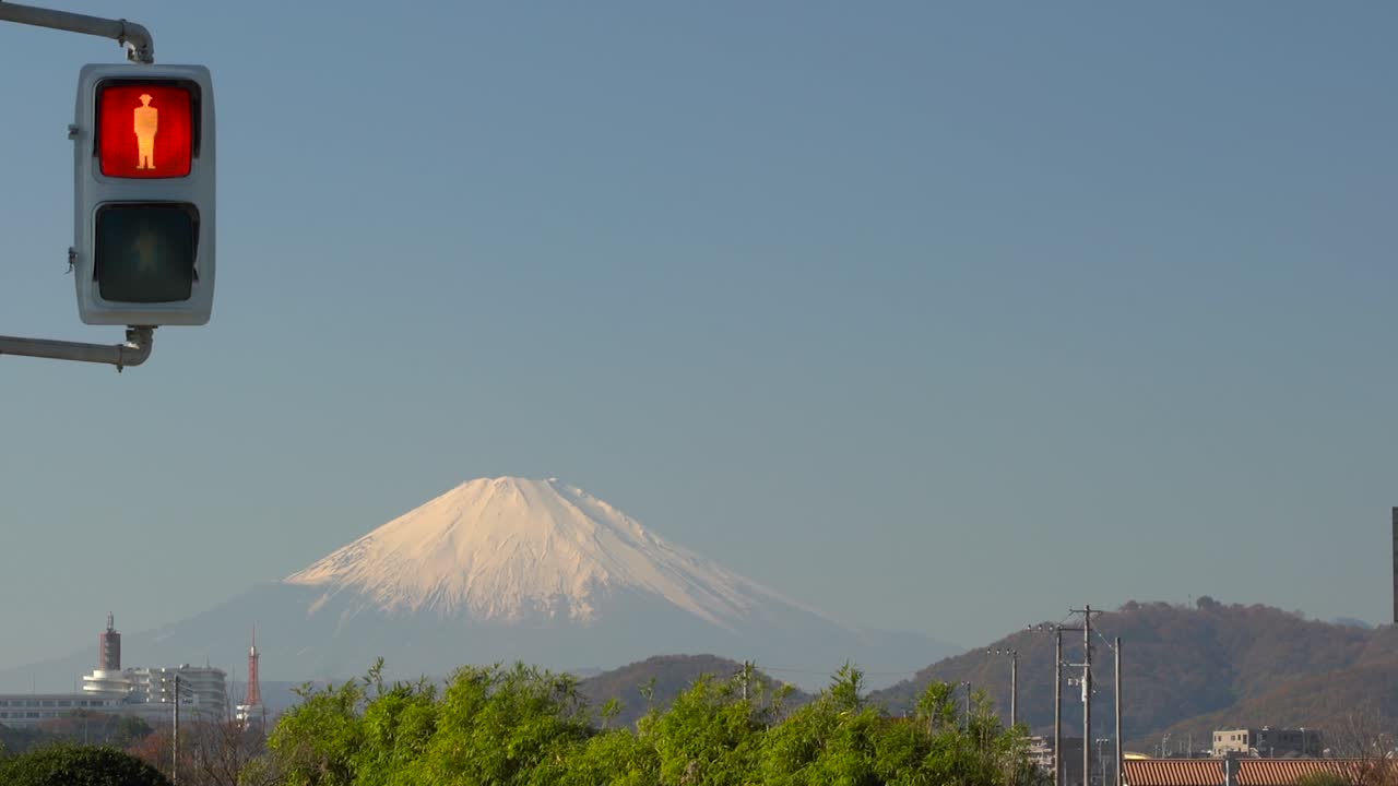 日本東京道路交匯處的交通燈，可見白雪皚皚的富士山頂
