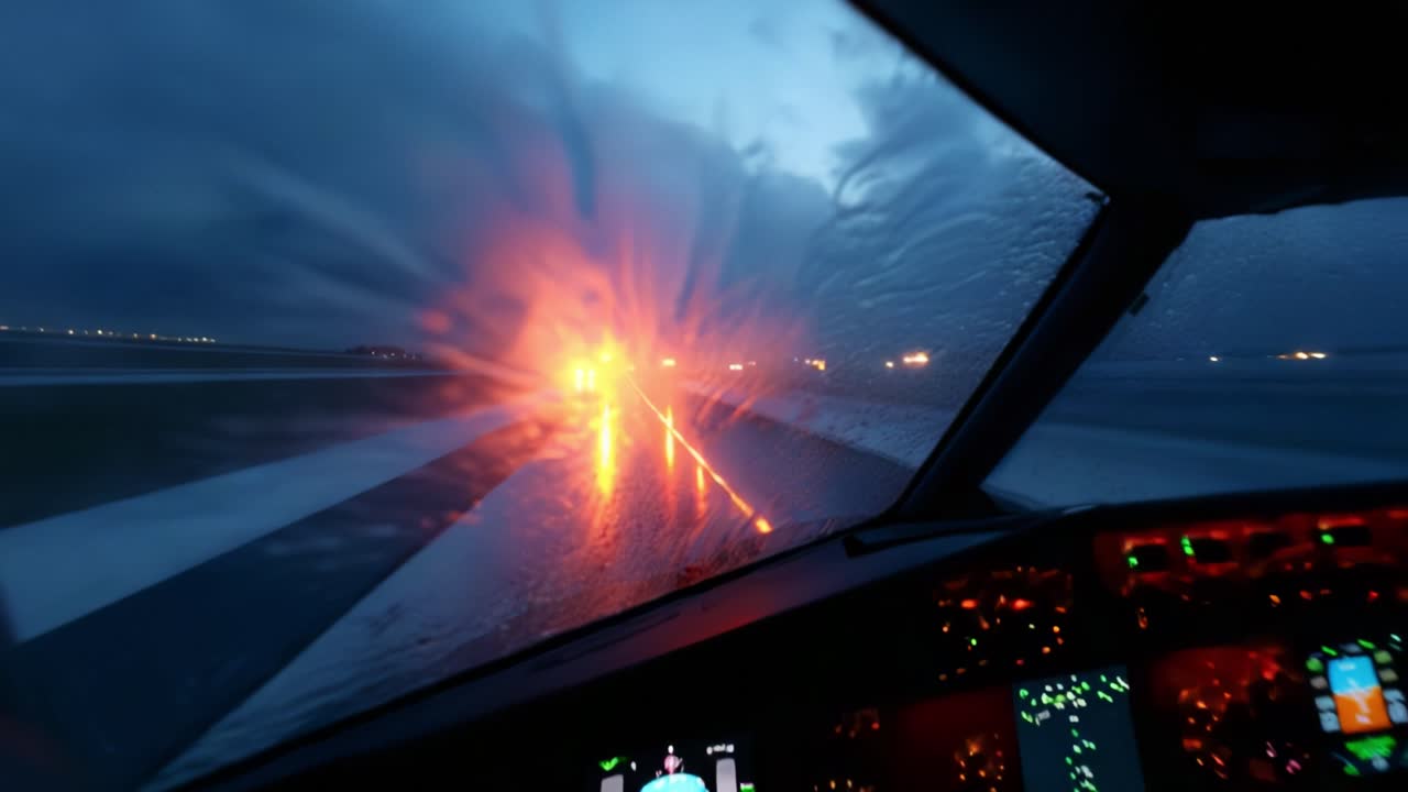 Dynamic Views from the Cockpit During a Rainy Takeoff in Low Light Conditions with Vivid Lights and Instrument Displays Enhancing the Flight Experience