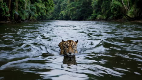 jaguar swimming in the amazon river