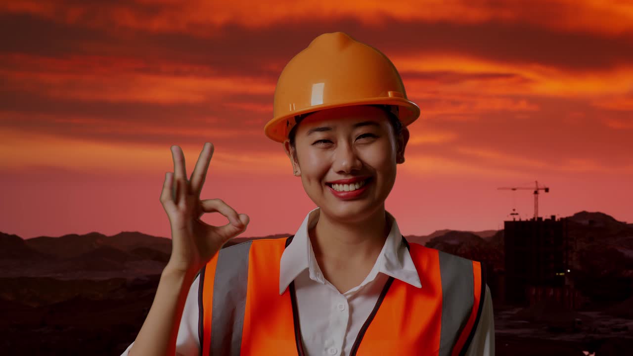 해가 지는 동안의 건설 노동자