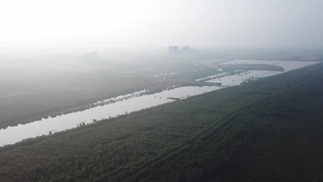 Nebliger-Morgen-An-Mangrovenbäumen-Und-Entwicklung-Von-Batu-Kawan,-Penang,-Malaysia.