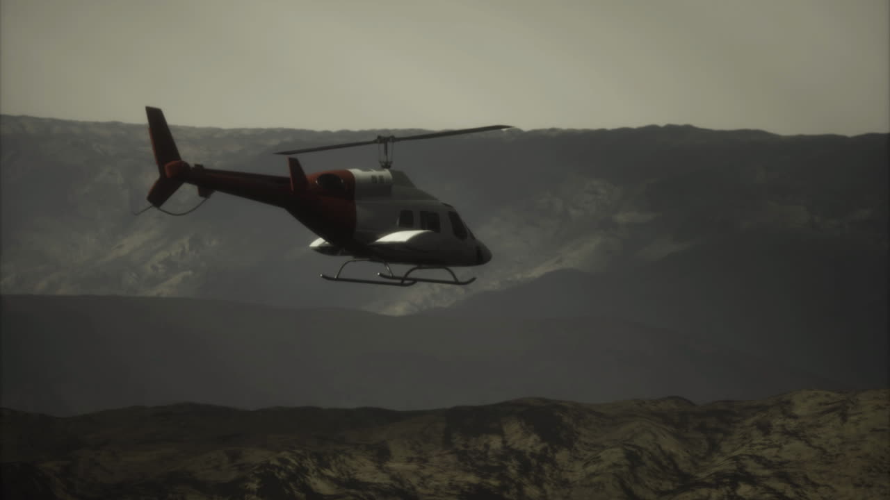 Helicopter flying over mountainous terrain during twilight hours