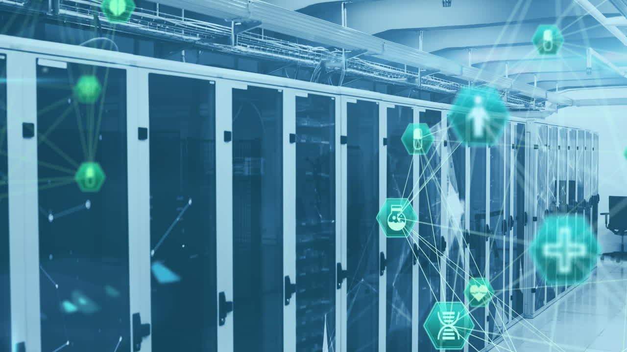 Animation of globes of medical icons spinning against computer server room