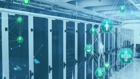 animation of globes of medical icons spinning against computer server room