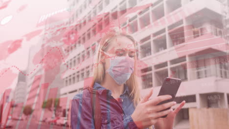 animation of world map and statistic data over caucasian female wearing face mask, using smartphone