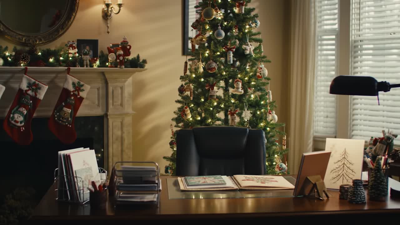 A Cozy Christmas Scene: An Inviting Office with a Beautifully Decorated Tree and Festive Stockings, Perfect for the Holiday Spirit and Celebrations