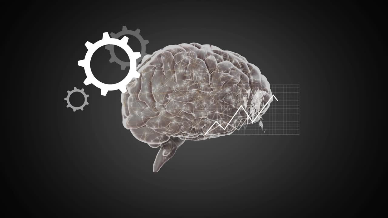 Rotating 3D brain starting smartphone slide then shifting to laptop showing charts for data insight