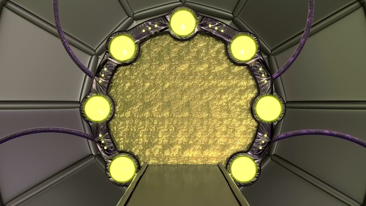 железный люк открывает панорамный вид на пейзажную сцену космического корабля. 3d абстрактный фон научно-фантастического коридора с порталом. футуристическая технология абстрактная vj для технических названий и фона.