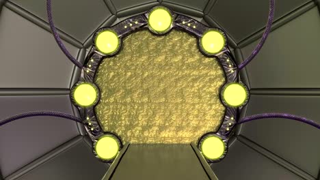 iron hatch opens panoramic view to the spaceship landscape scene. 3d abstract background of sci-fi corridor with portal. futuristic technology abstract vj for tech titles and background.