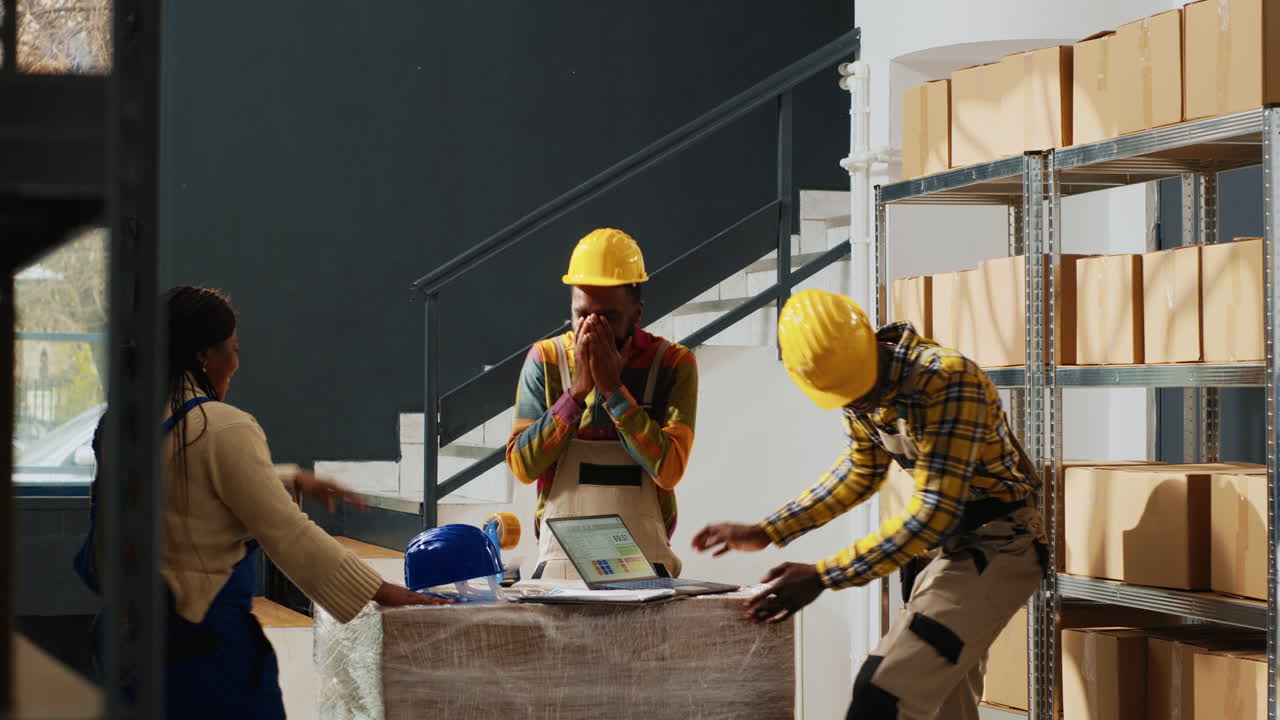 Warehouse employees discussing inventory management