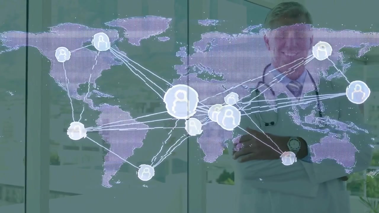 Læge tapper på et gennemsigtigt kort, aktiverer lilla noder, der forbinder global sundhedspleje for koordinering.
