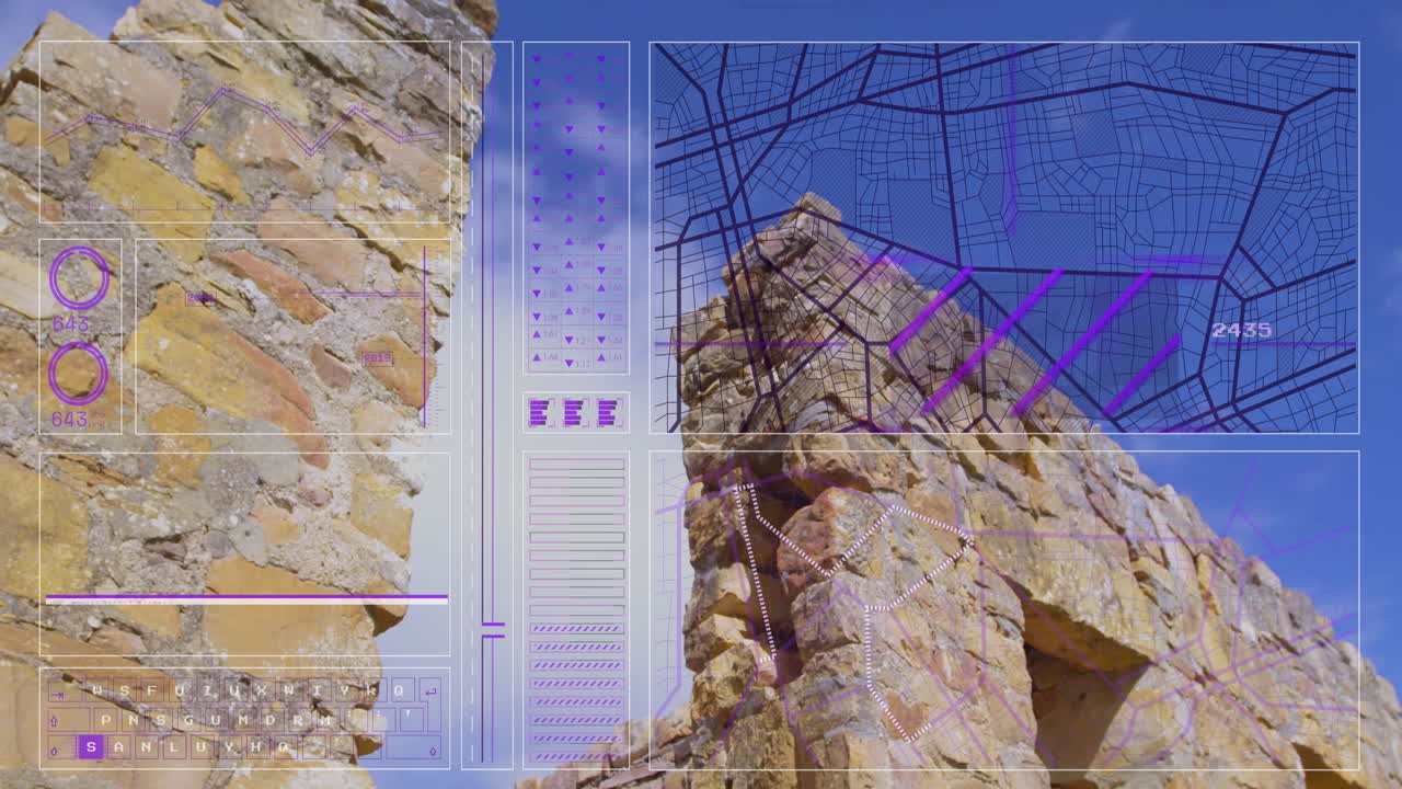 요새와 파란 하늘의 시야에 대한 데이터 처리에 대한 인터페이스의 애니메이션