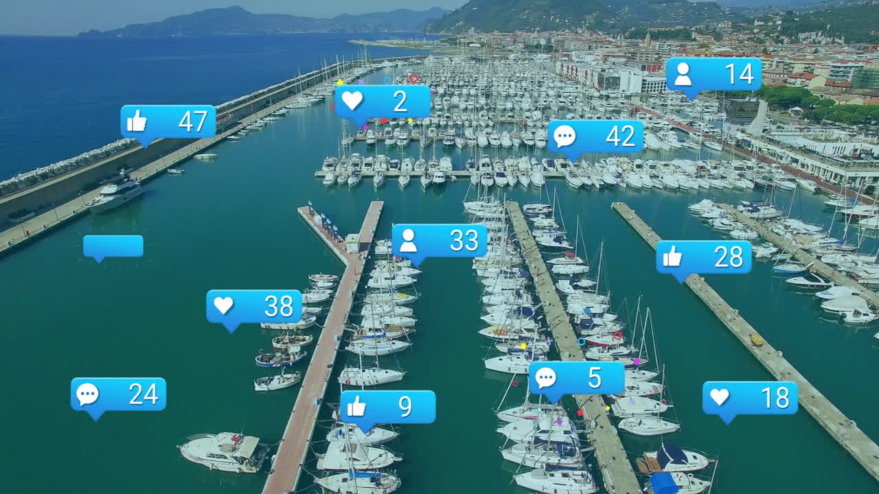Social media notifications animation over marina with numerous docked boats