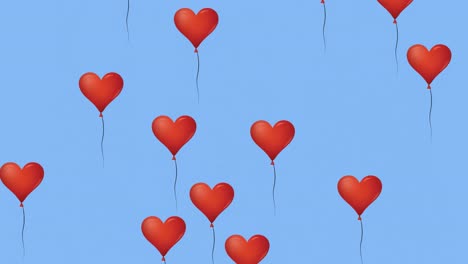 multiple heart balloons moving against blue background