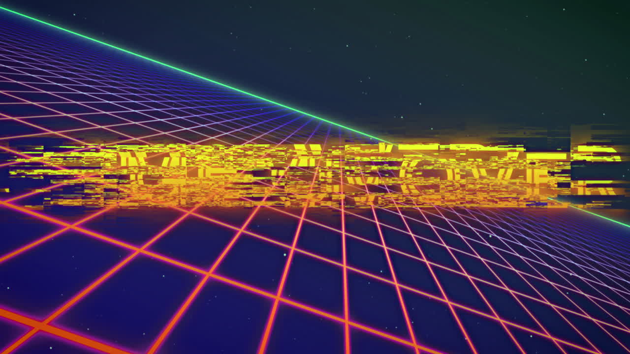 빛나는 분홍색 그리드 위에 텍스트 위에 네온  ⁇ 박이는 게임의 애니메이션