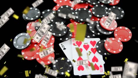 Animation-of-confetti-and-american-dollar-bills-falling-on-gambling-chips-and-playing-cards