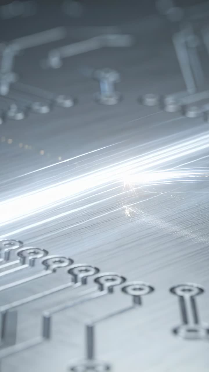 Vertical video: Sweeping light tracing metal plate showing etched traces, pads and flare in studio