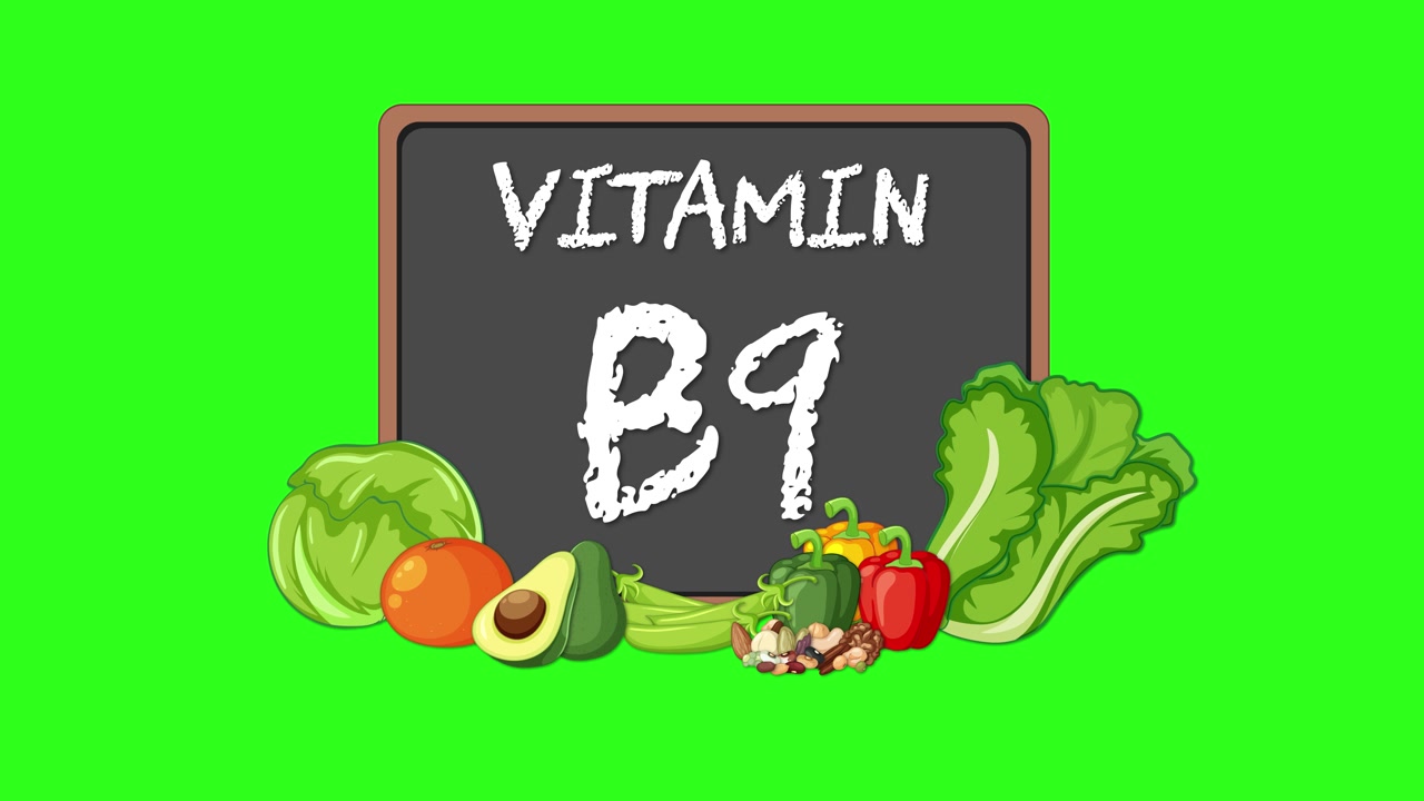 Lavagna con testo Vitamina B9, verdure che appaiono in sequenza, sfondo verde brillante, stile cartone animato piatto