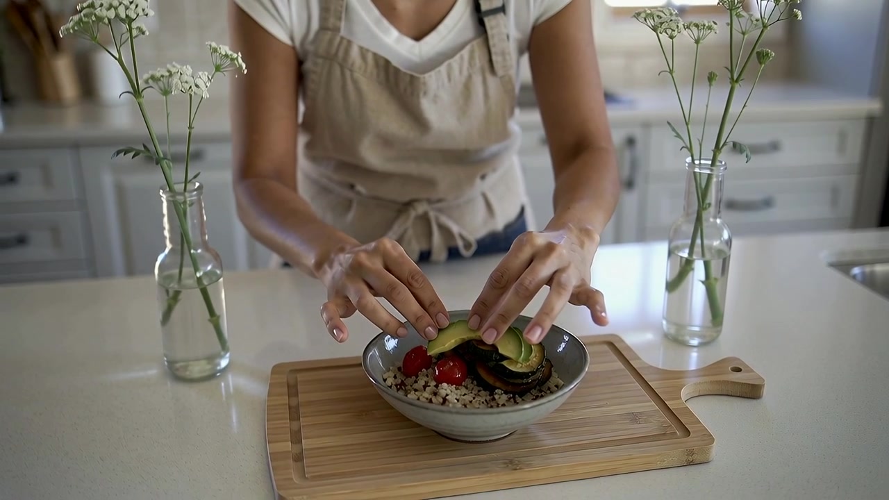Mujer inclinada con delantal beige acomodando aguacate y tomates cherry en la isla de la cocina, sirviendo un tazón