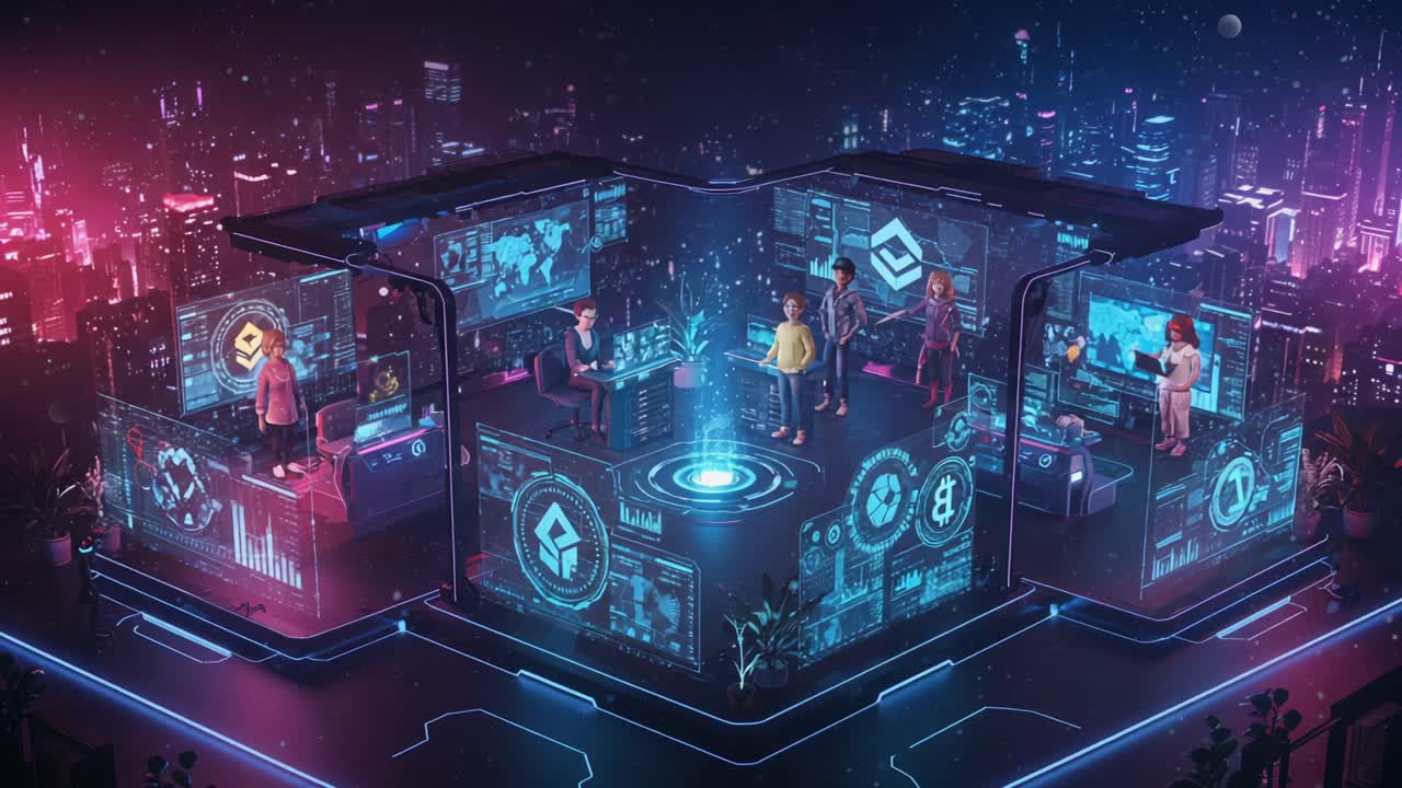 A futuristic virtual collaboration space showcasing advanced technology, displaying digital interfaces with data analysis, charts, and avatars interacting in a vibrant cityscape