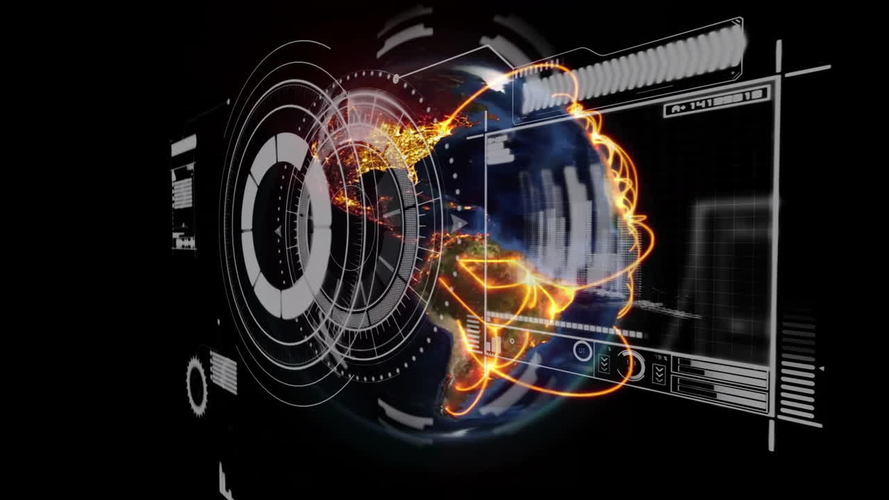 Animated 3D Earth globe rotating in scene, glowing with orange network lines and HUD elements