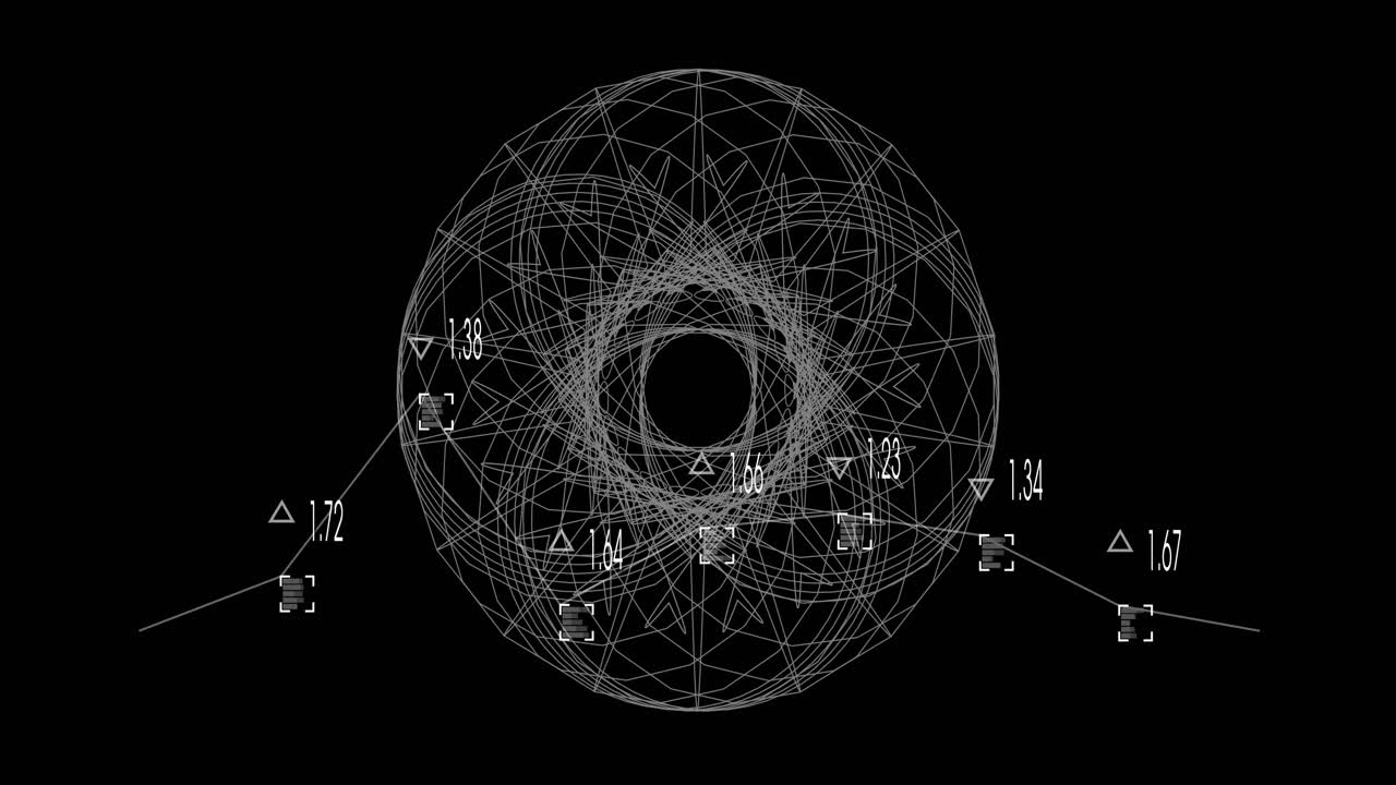 Rendering di visualizzazione dati, wireframe con motivo circolare in un'interfaccia scura, che mostra etichette numeriche