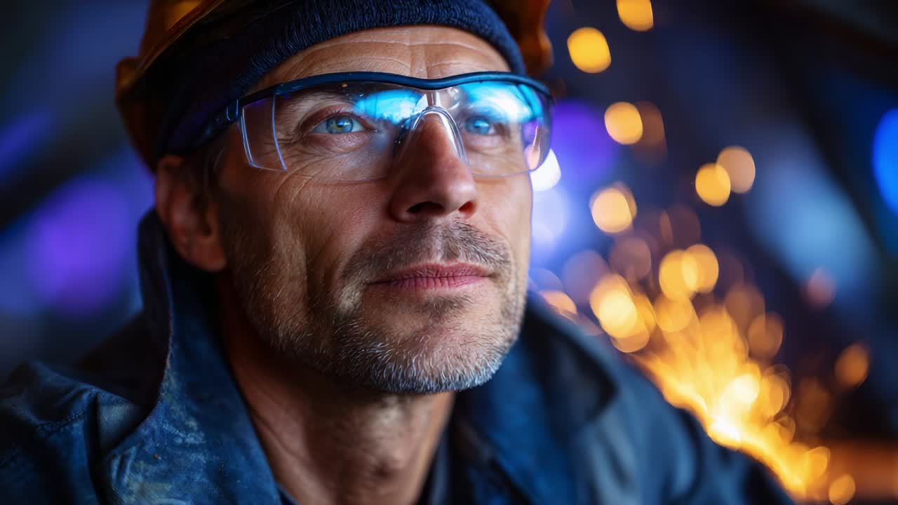 A focused industrial worker in safety gear contemplating his work environment as sparks fly in the background, encapsulating a moment of reflection and dedication to craftsmanship and safety