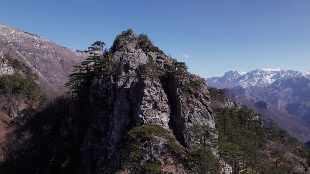 volando sobre la cima de una montaña con árboles para revelar un hermoso paisaje