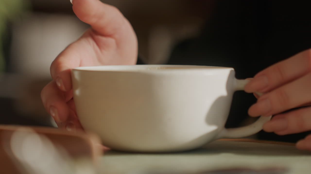 Primo piano delle mani che tengono una tazza di ceramica prima di versare su un bancone di legno, barista che si concentra su un movimento costante, leggero vapore caldo, atmosfera da caffè, presa tattile e dettagli di texture, invitante rituale della bevanda