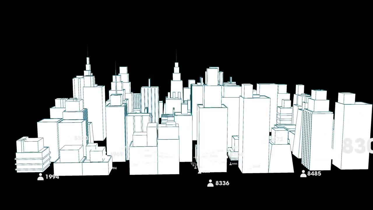 Animation of 3d cityscape with icons and numbers on black background