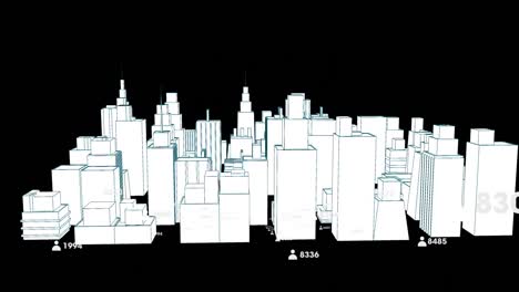 Animation-of-3d-cityscape-with-icons-and-numbers-on-black-background