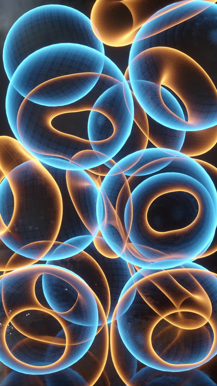 3D Colorful Holographic spheres and rings falling one on top of the other. Animated background.