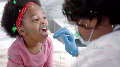 animation of network of connections with icons over african american female doctor and girl patient