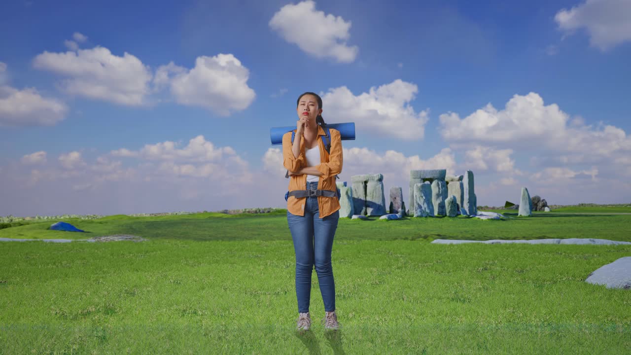 Full Body Of Asian Female Hiker With Mountaineering Backpack Thinking About Something And Looking Around Then Raising Her Index Finger While Traveling In Stonehenge